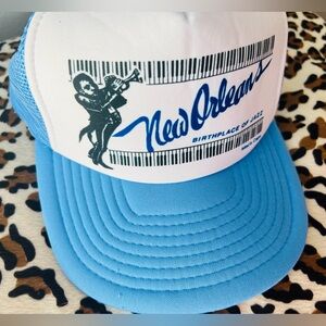 Vintage Speedway New Orleans Birthplace of Jazz trumpet player baby blue hat